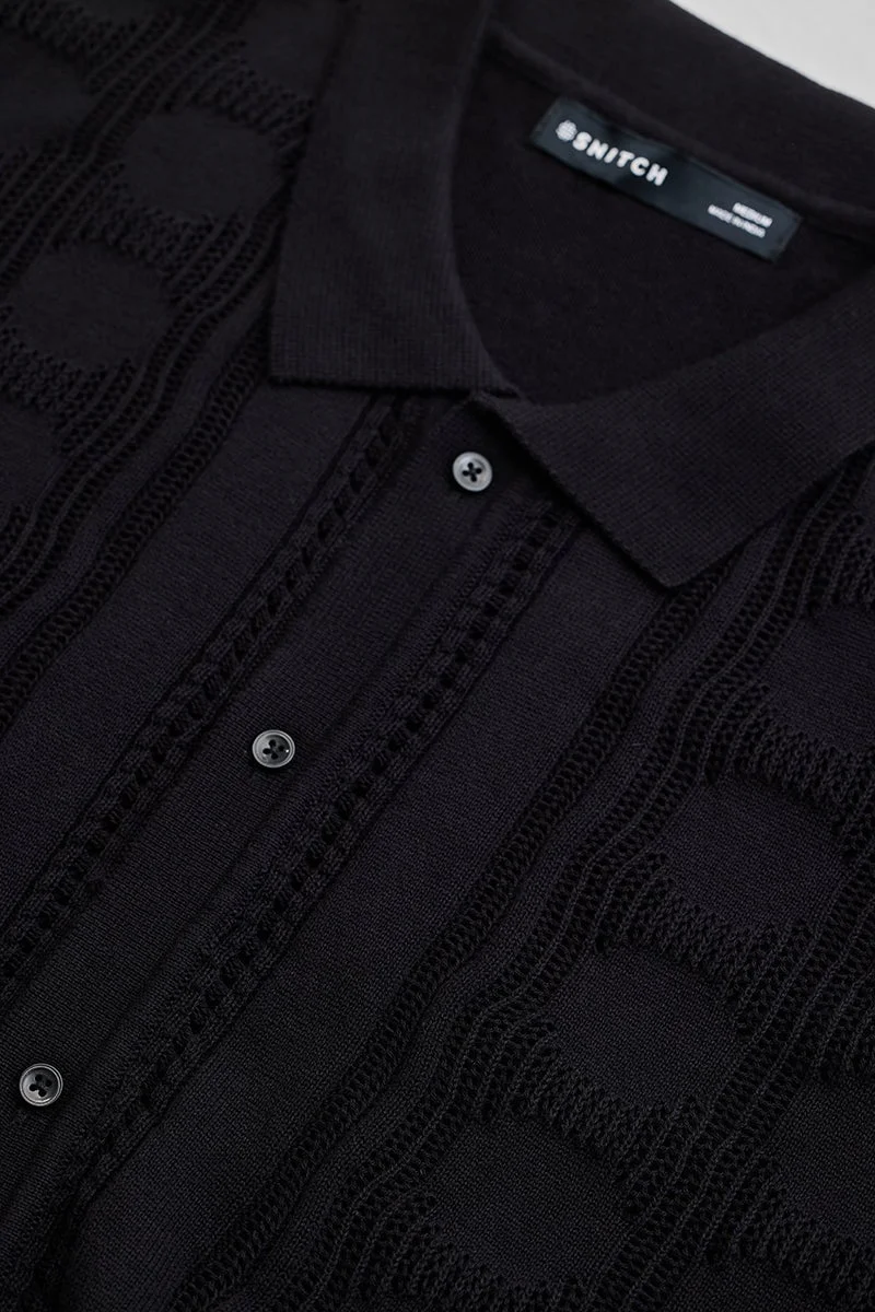 SNITCH Black Self Design Knitted Shirt