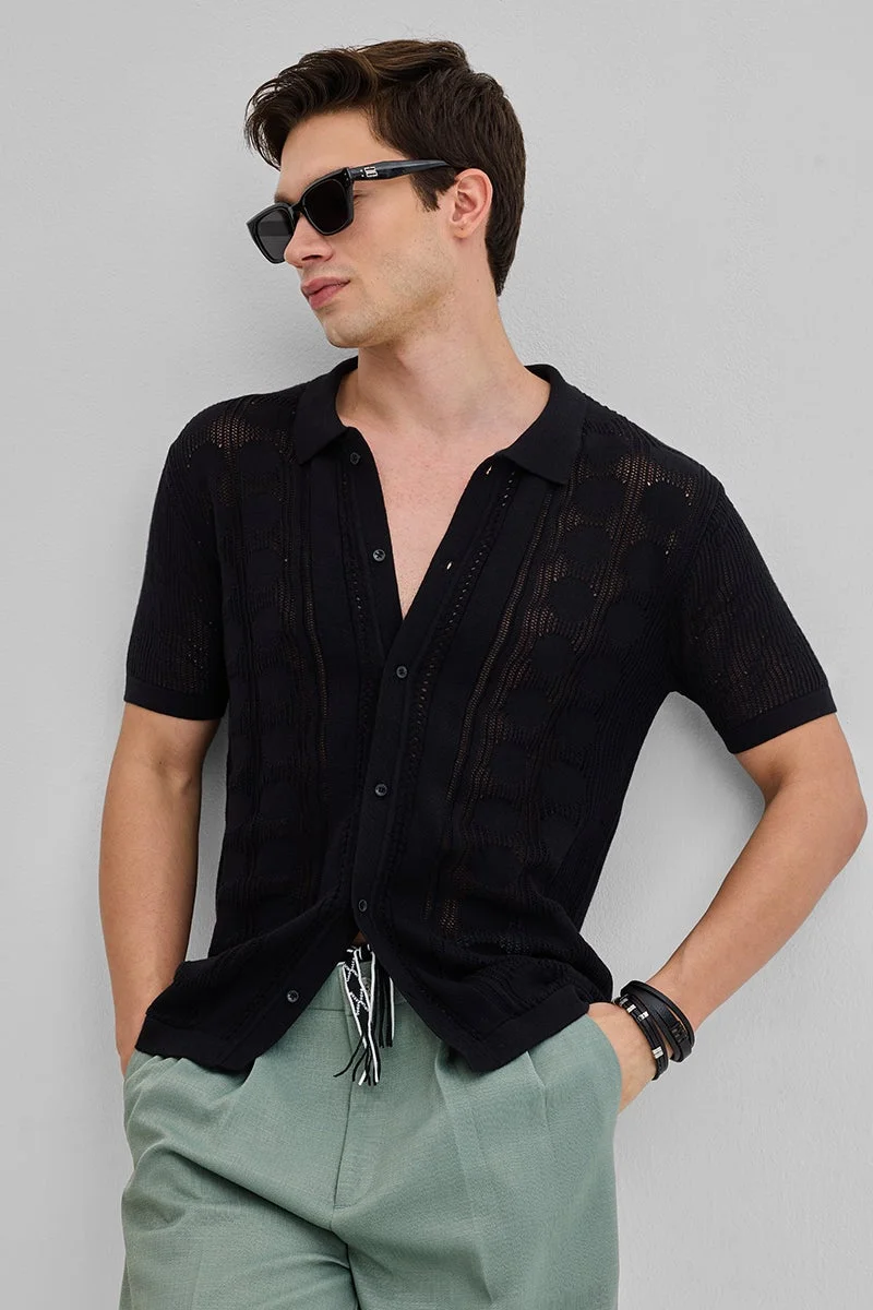 SNITCH Black Self Design Knitted Shirt