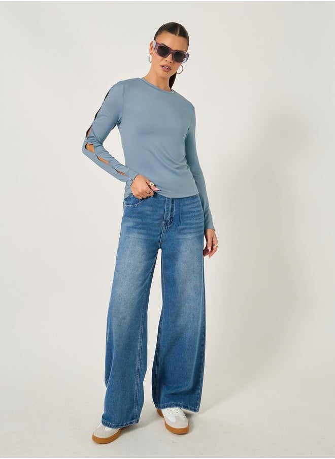 Styli Cut-Out Sleeve Button Detail Round Neck T-Shirt  - Image 3