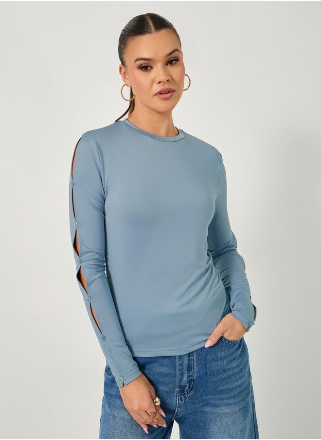 Styli Cut-Out Sleeve Button Detail Round Neck T-Shirt  - Image 2