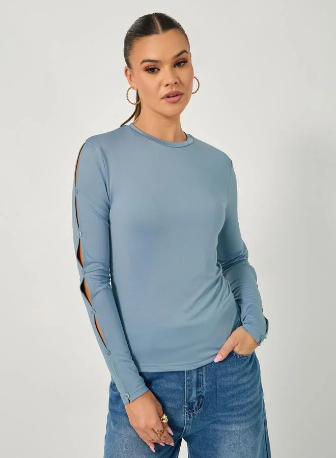 Styli Cut-Out Sleeve Button Detail Round Neck T-Shirt