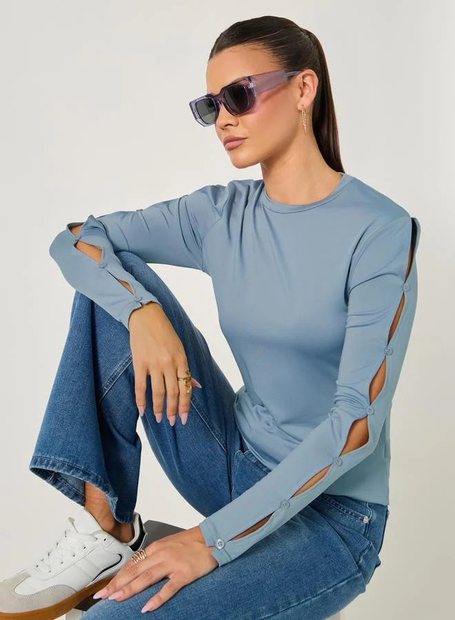 Styli Cut-Out Sleeve Button Detail Round Neck T-Shirt