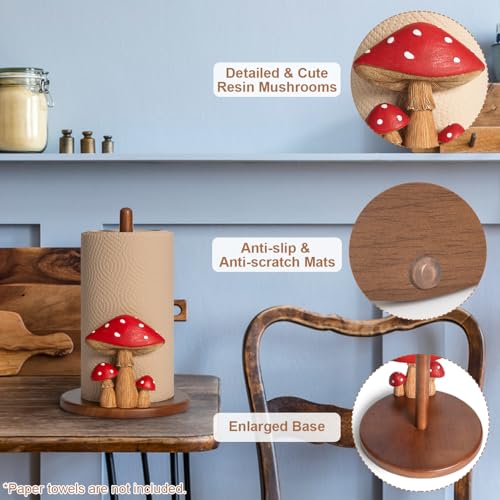 YLOVAN Mushroom Paper Towel Holder - Cottagecore Decor Mushroom Kitchen Home Cottagecore Accessories Cute Stuff, Unique Wood Paper Towel Holder Stand Kitchen Countertop 12.5×7 in - Image 4