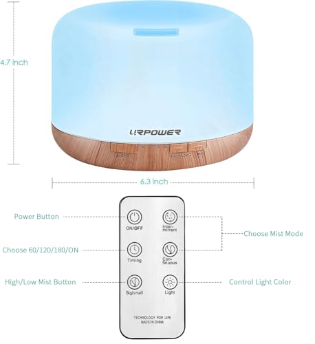 URPOWER 500ml Aromatherapy Essential Oil Diffuser Humidifier Room Decor Lighting with 4 Timer Settings, 7 LED Color Changing Lamp and Waterless Auto Shut-Off - Image 2