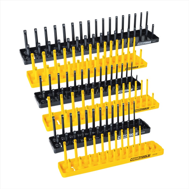 OEMTOOLS 22238 6 Piece SAE and Metric Socket Tray Set SAE and Metric Socket Storage for Sizes 14 38 and 12 Drive Socket Holders and Socket Organizer Tray for Toolbox Black and Yellow