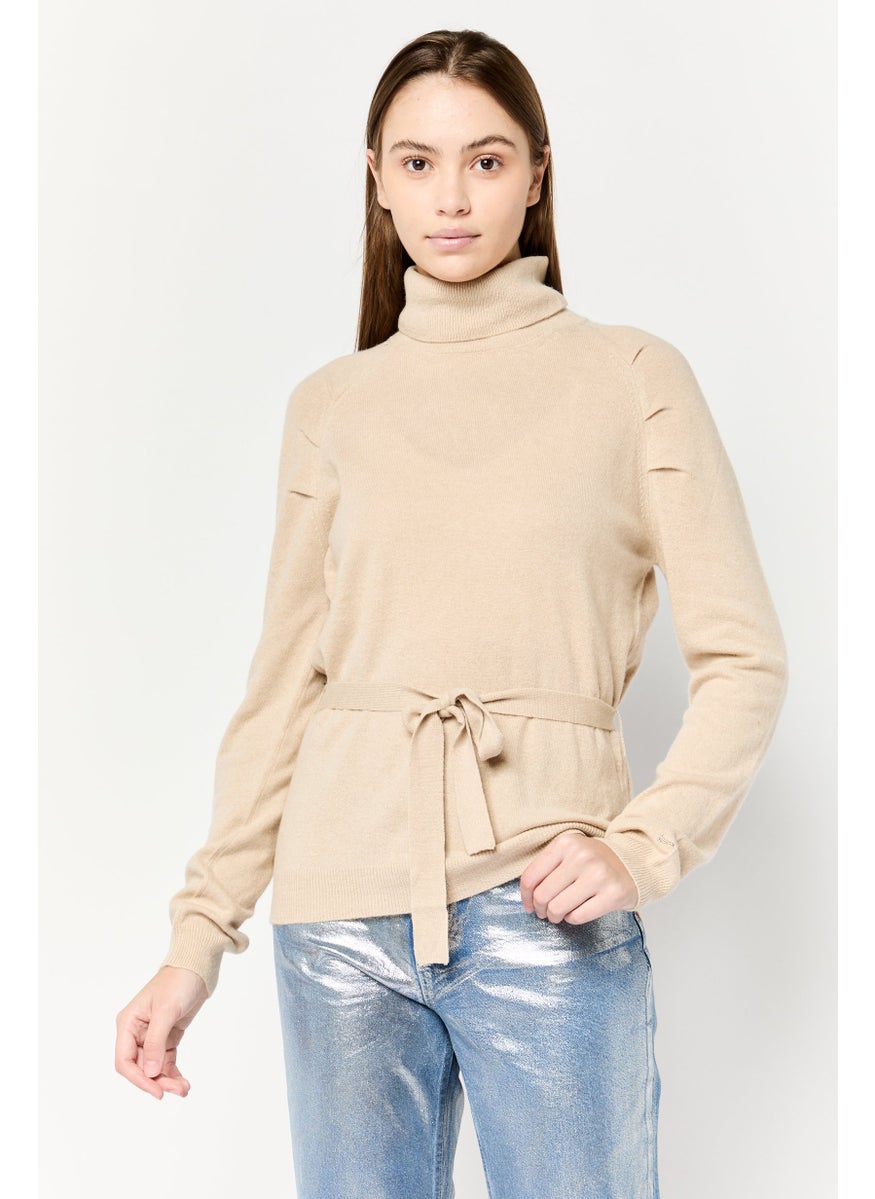 Harmont & Blaine Women Turtle Neck Knitted  Belted Sweater, Beige  - Image 1
