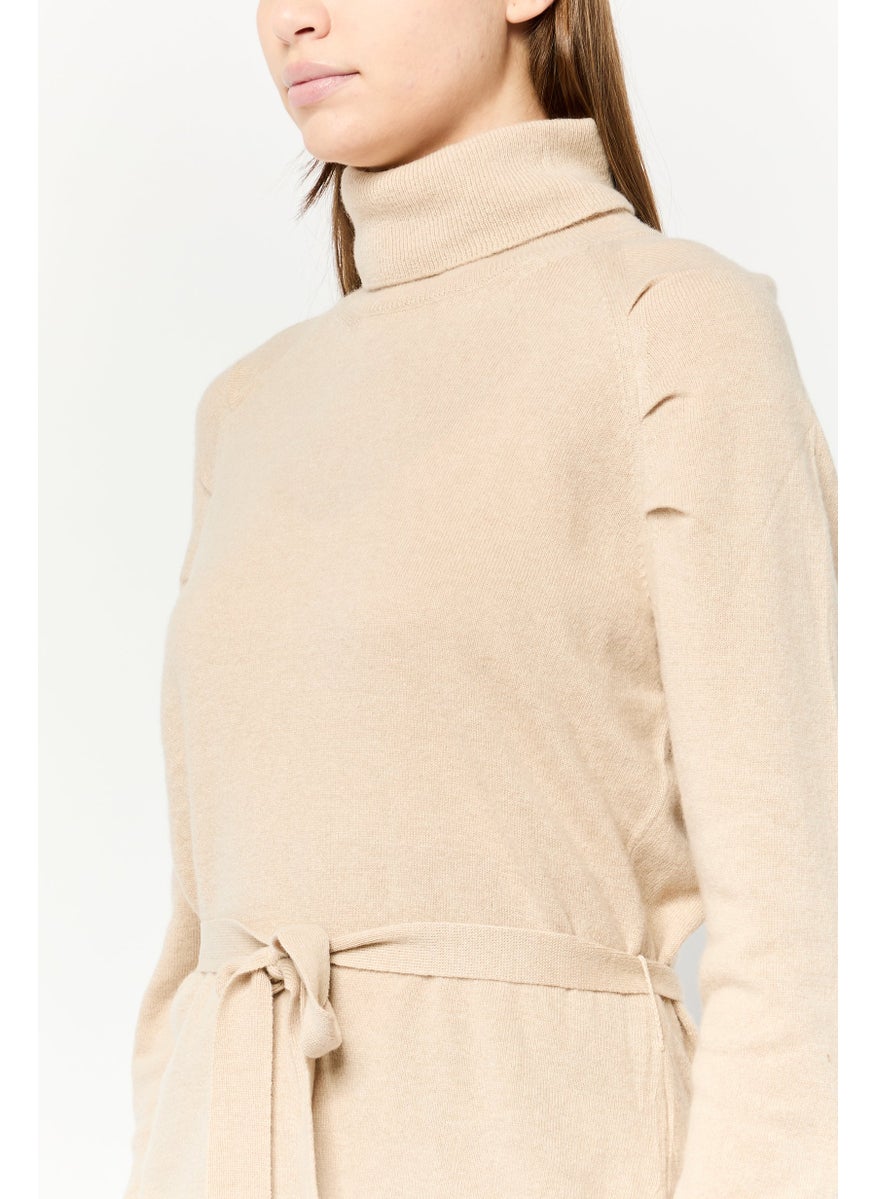 Harmont & Blaine Women Turtle Neck Knitted  Belted Sweater, Beige  - Image 2