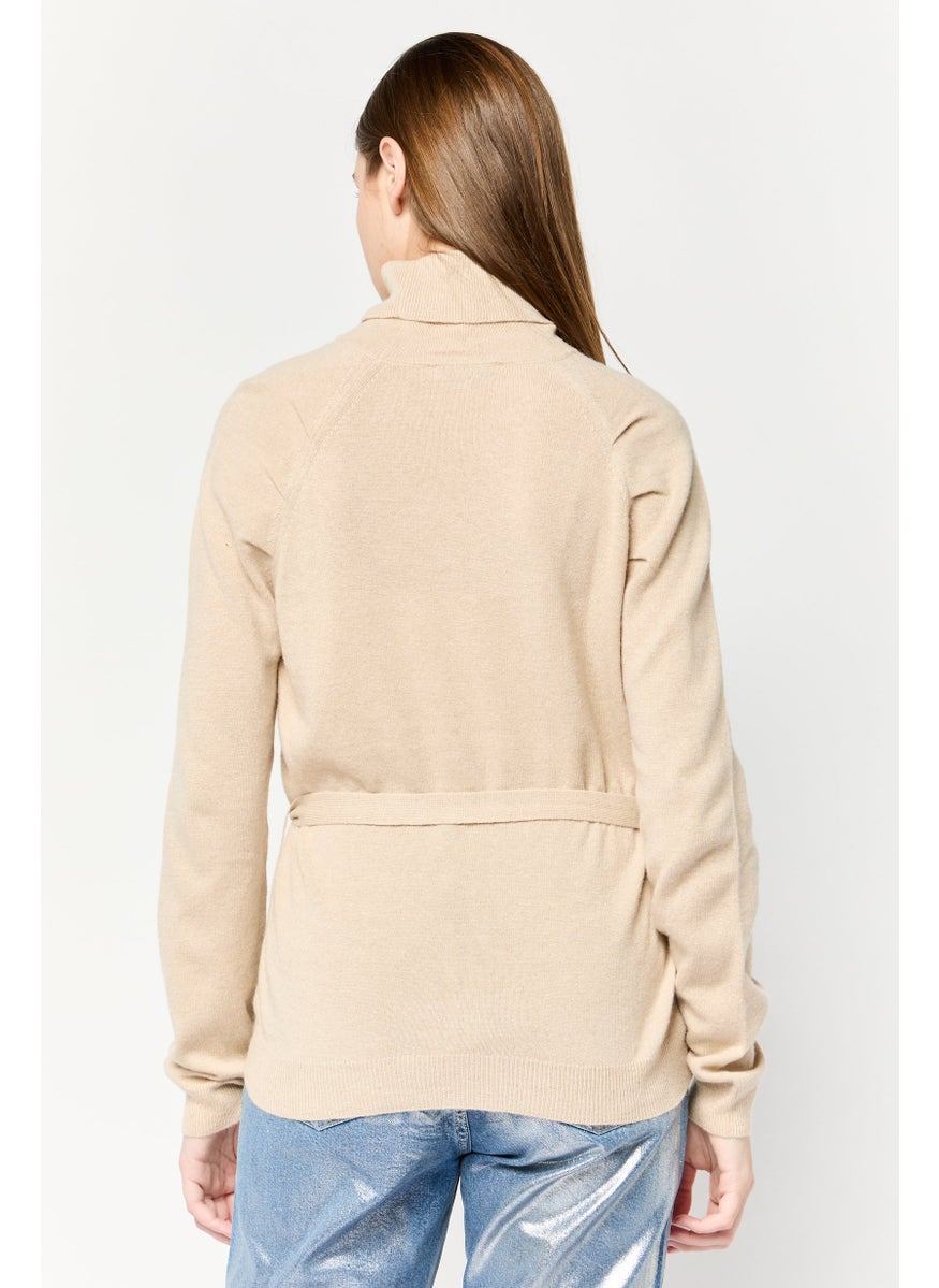 Harmont & Blaine Women Turtle Neck Knitted  Belted Sweater, Beige  - Image 3