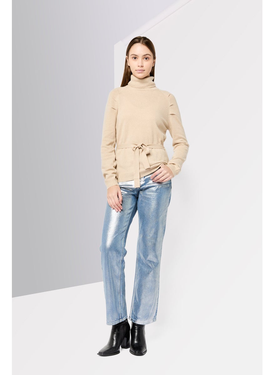 Harmont & Blaine Women Turtle Neck Knitted  Belted Sweater, Beige  - Image 4