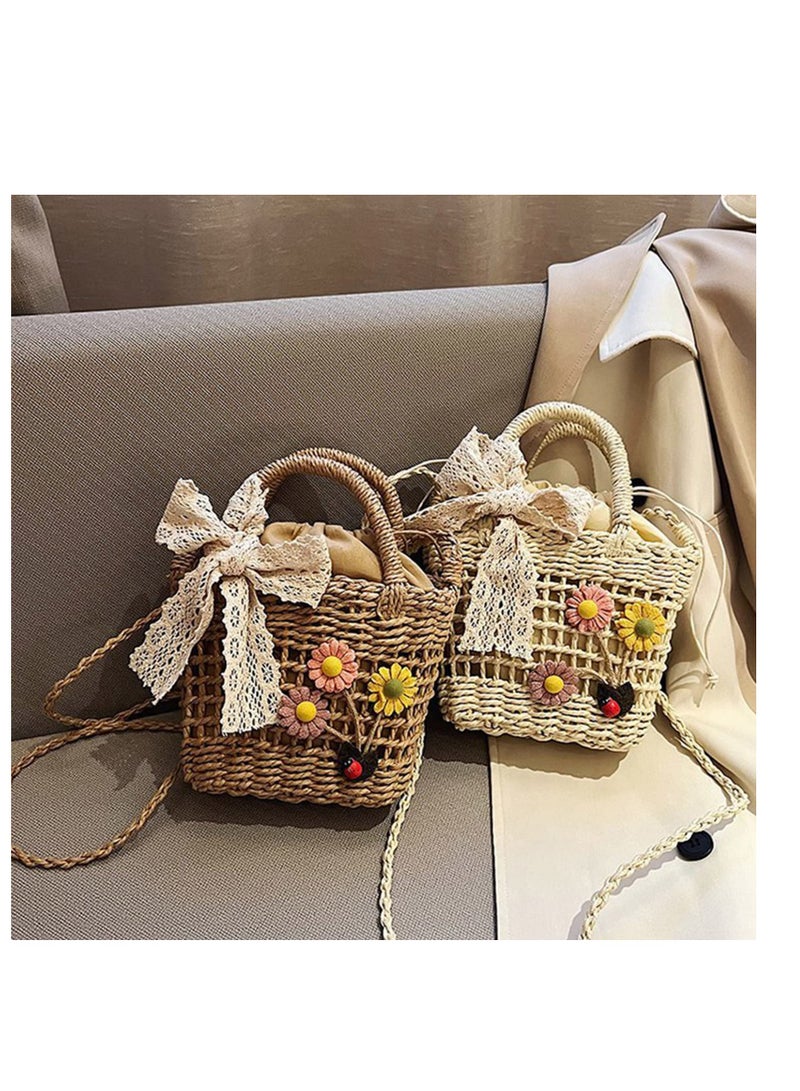 SYOSI Women Straw Shoulder Bag Retro Crossbody Bag Female Messenger Bag Girl Hand-woven Bucket Bag Vintage Flower Beach-Bag women straw shoulder bag hand-woven bucket bag messenger bag beach-bag Beige - Image 5