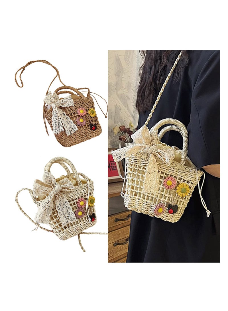 SYOSI Women Straw Shoulder Bag Retro Crossbody Bag Female Messenger Bag Girl Hand-woven Bucket Bag Vintage Flower Beach-Bag women straw shoulder bag hand-woven bucket bag messenger bag beach-bag Beige - Image 2