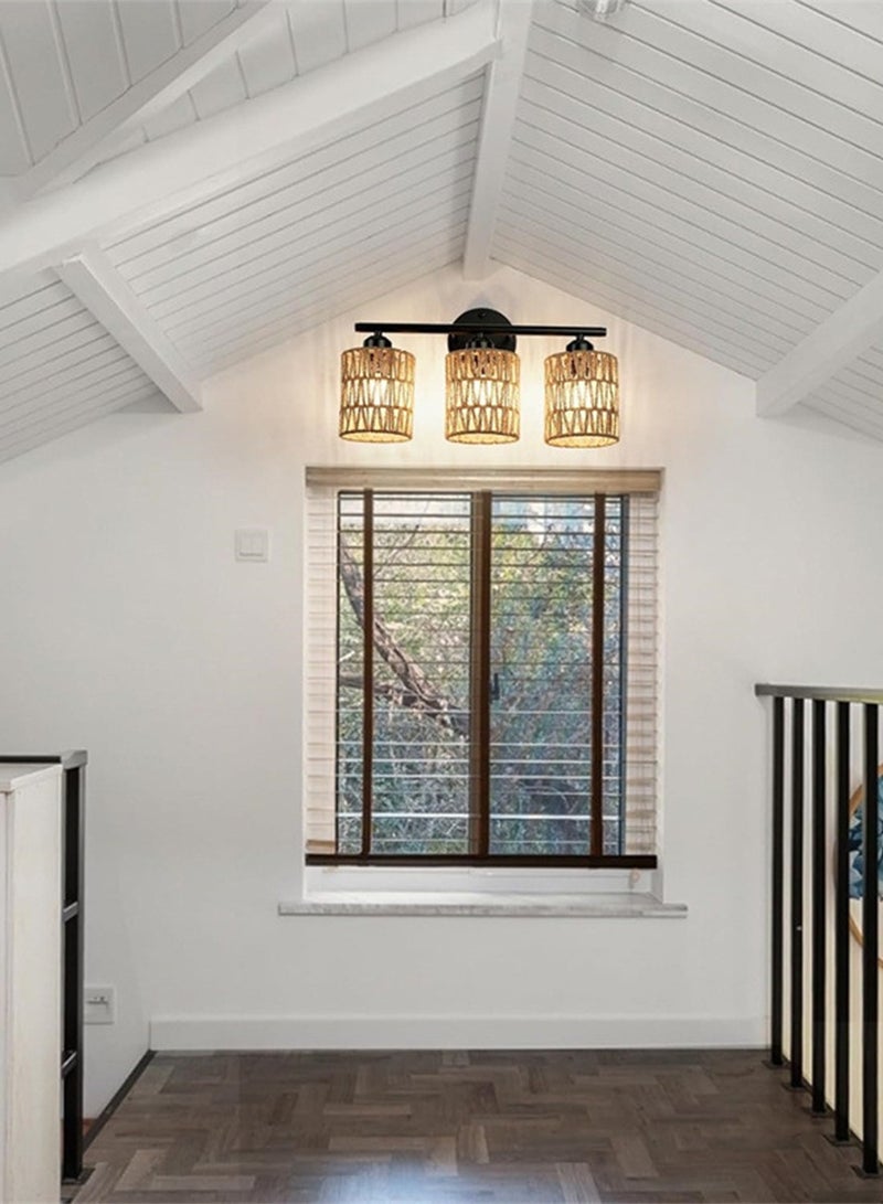 Momozone مصباح حائط بوهيمي مع غطاء مصباح مضفر وأدوات إضاءة منسوجة يدويًا لغرفة النوم والحمام وغرفة المعيشة - Image 4