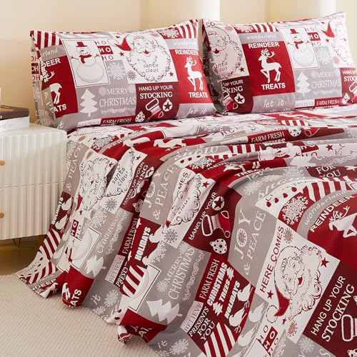 Vaulia Christmas Bed Sheets Queen Soft Microfiber Grey and Red Plaid Snowflake Senta 4 Piece Sheets Set with 1 Fitted Sheet 1 Flat Sheet 2 Pillowcases - Image 1