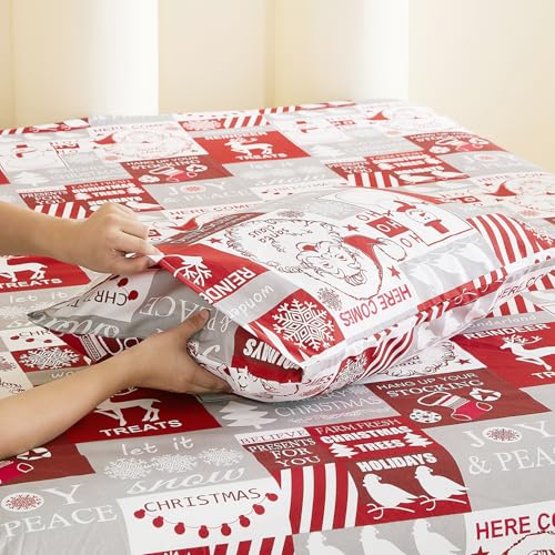Vaulia Christmas Bed Sheets Queen Soft Microfiber Grey and Red Plaid Snowflake Senta 4 Piece Sheets Set with 1 Fitted Sheet 1 Flat Sheet 2 Pillowcases - Image 4