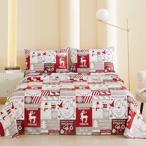 Vaulia Christmas Bed Sheets Queen Soft Microfiber Grey and Red Plaid Snowflake Senta 4 Piece Sheets Set with 1 Fitted Sheet 1 Flat Sheet 2 Pillowcases - Image 2