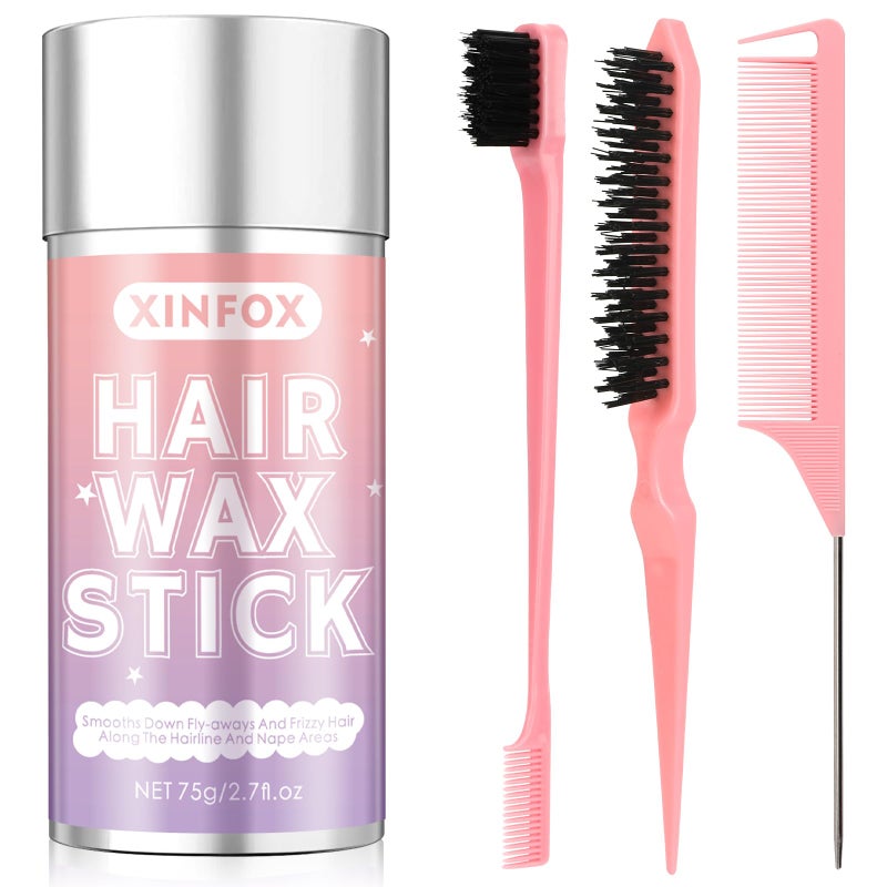 Xinfox Hair Wax Stick, Slick Back Hair Brush, Wax Stick for Flyaways, Rat Tail Comb Edge Brush Styling Tool Set Accessories for Women Girls(Pink) - Image 1