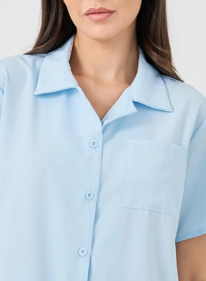 Take Two Take Two Solid Buttoned Short Sleeve Shirt and Pyjama Set