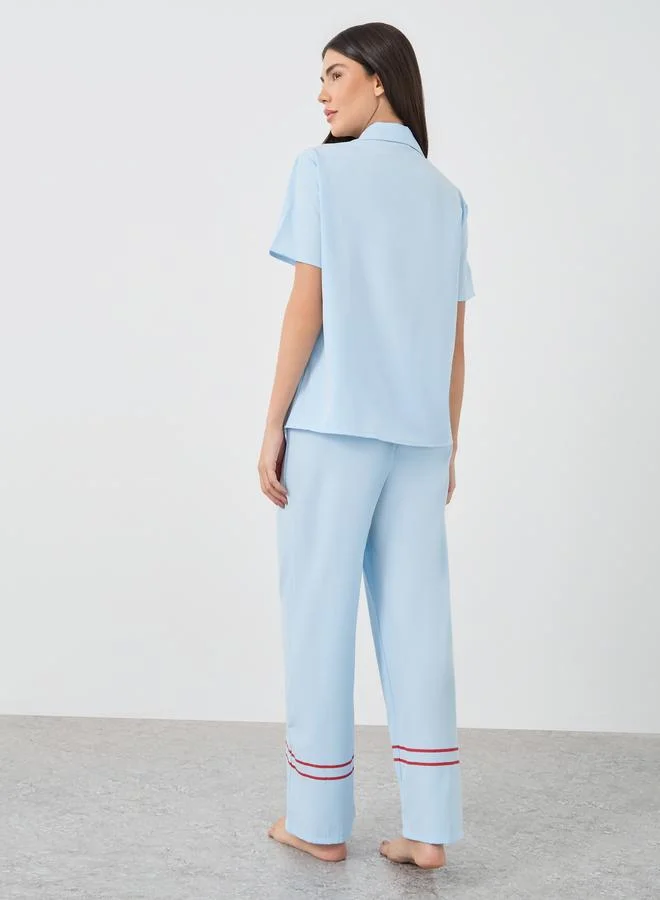 Take Two Take Two Solid Buttoned Short Sleeve Shirt and Pyjama Set