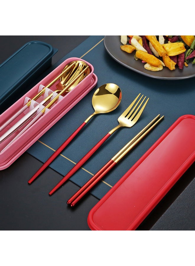 Portable Stainless Steel Titanium Coated Painted Outdoor Dining Set Mirror Polished Utensils Including Spoon Fork Chopsticks-Specifications:Green Gold 3-piece Set  - Image 3