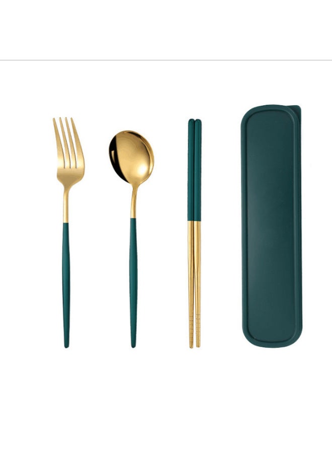 Portable Stainless Steel Titanium Coated Painted Outdoor Dining Set Mirror Polished Utensils Including Spoon Fork Chopsticks-Specifications:Green Gold 3-piece Set  - Image 1