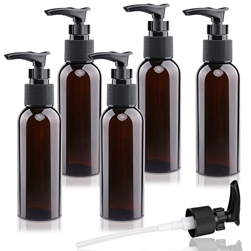 BOMEX 5 Pack Travel Bottles Pump Bottles Dispenser 3.4oz/100ml Plastic Lotion Pump Bottle Clear Travel Toiletry Bottles with Extra 1 Pump Leak Proof for Makeup Cosmetic Containers (Brown) - Image 1