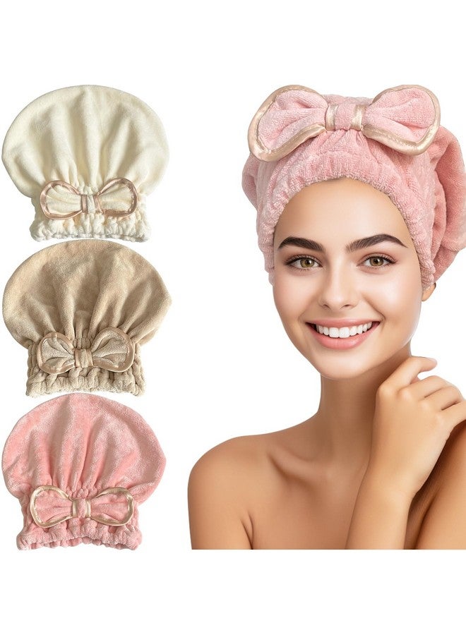 Jseng Jseng Microfiber Hair Towel Caps, 3 Packs, Fast Drying, Cute Bowtie Design, Cream, Khaki, Pink, Women & Girls Aged 14 And Above - Image 1