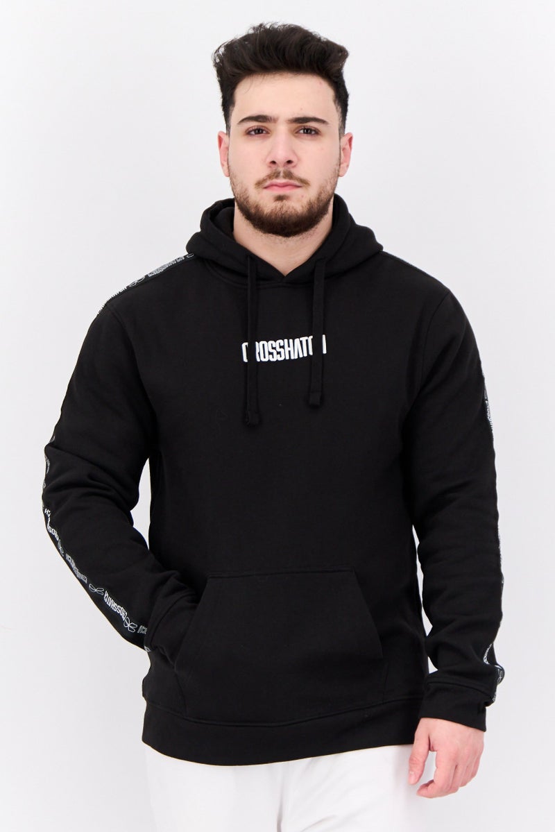 CROSSHATCH Men Hooded Brand Logo Long Sleeves Sweatshirt, Black - Image 1