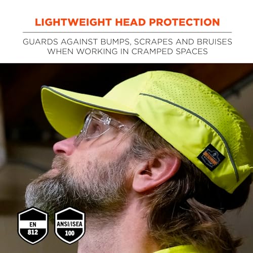 Ergodyne Skullerz 8955 Lightweight Bump Cap, Baseball Hat Style, Breathable Head Protection, Long Brim, Lime - Image 2