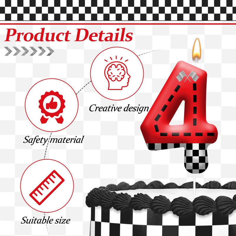 AXBMM Racing Car Theme Birthday Candle with Checkered Flag Design - Durable Cake Topper for Race Car Party Decorations,Birthday Supplies - Number 4 Candle for Racing Themed Celebrations - Image 3