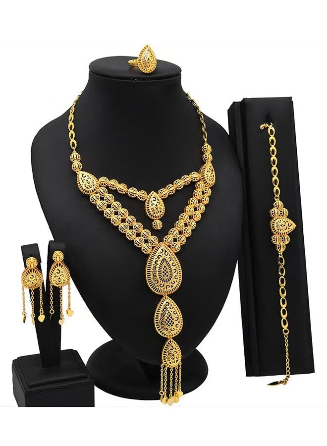 24K Gold-Plated Arabian Bride Necklace Earrings Ring Bracelet 4-Piece Wedding Jewelry Set Fashion Jewelry Set  - Image 2