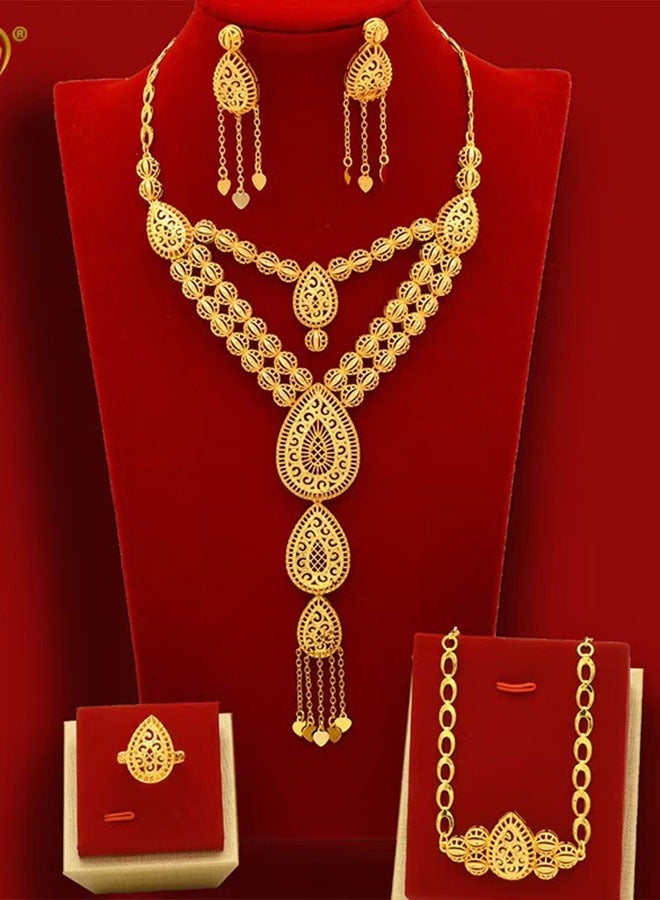 24K Gold-Plated Arabian Bride Necklace Earrings Ring Bracelet 4-Piece Wedding Jewelry Set Fashion Jewelry Set  - Image 1