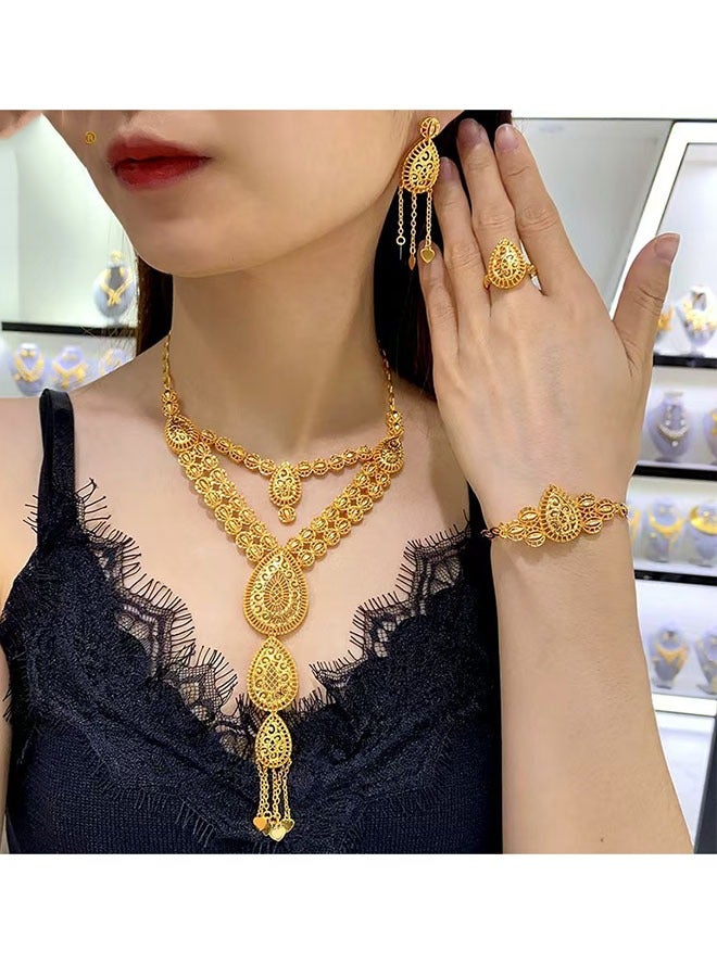 24K Gold-Plated Arabian Bride Necklace Earrings Ring Bracelet 4-Piece Wedding Jewelry Set Fashion Jewelry Set  - Image 3