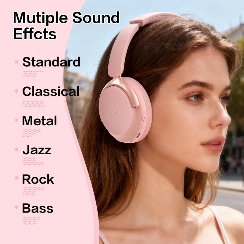 RORSOU B8 Bluetooth Headphones Over Ear, 6 EQ Music Modes and 50H Playtime Deep Bass Wireless Headphones with Mic, Lightweight Folding HiFi Stereo Headset for iPad/Travel/Tablet/PC/Home Pink - Image 4
