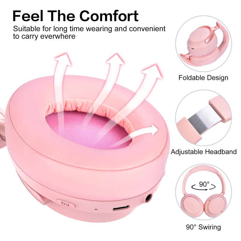 RORSOU B8 Bluetooth Headphones Over Ear, 6 EQ Music Modes and 50H Playtime Deep Bass Wireless Headphones with Mic, Lightweight Folding HiFi Stereo Headset for iPad/Travel/Tablet/PC/Home Pink - Image 3