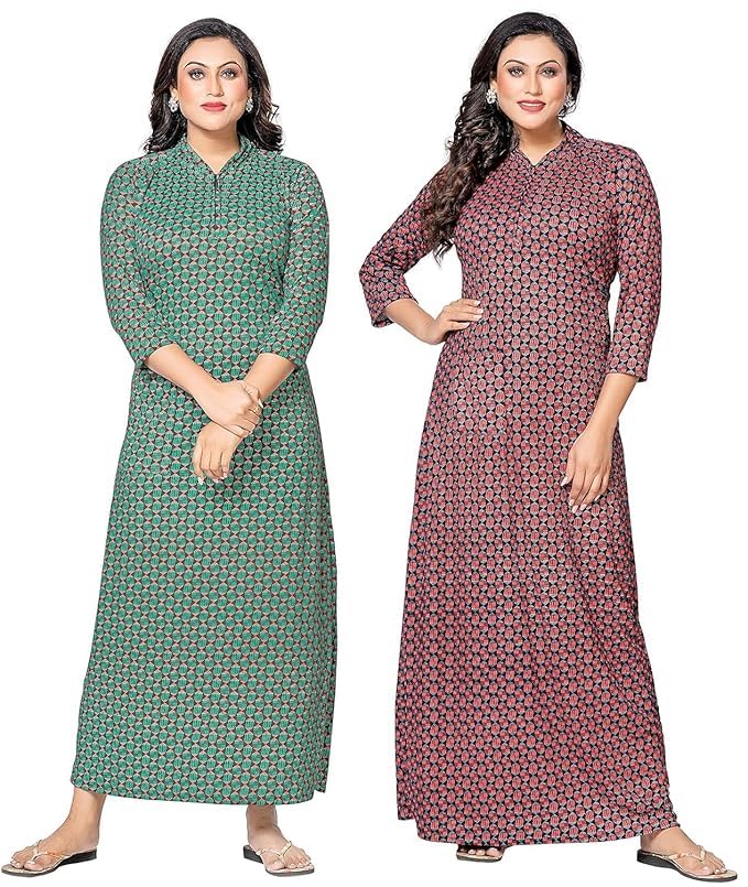 NEGLIGEE Women's Winter Wollen Maxi Night Gown with Pocket Nighty for Women Ankle Length Night Dress - Pack of 2 (Green,Brown, Free Size) - Image 1