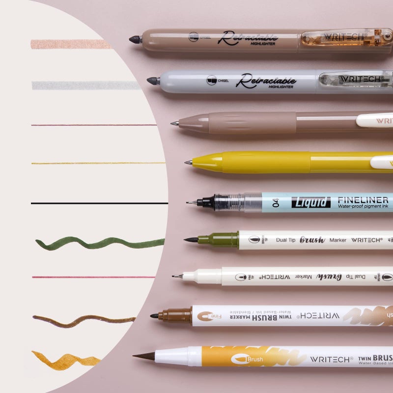 WRITECH Journaling Gel Pens Highlighters: 0.5mm Fine Point Retractable Gel Ink Pen Assorted Colored Highlighter Fineliner Multicolor Dual Tip Brush Marker Bulk Extra Smooth No Bleed 9ct (Earth Tone) - Image 2