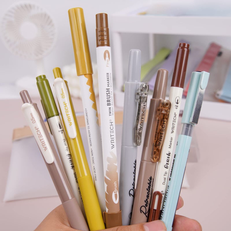 WRITECH Journaling Gel Pens Highlighters: 0.5mm Fine Point Retractable Gel Ink Pen Assorted Colored Highlighter Fineliner Multicolor Dual Tip Brush Marker Bulk Extra Smooth No Bleed 9ct (Earth Tone) - Image 5