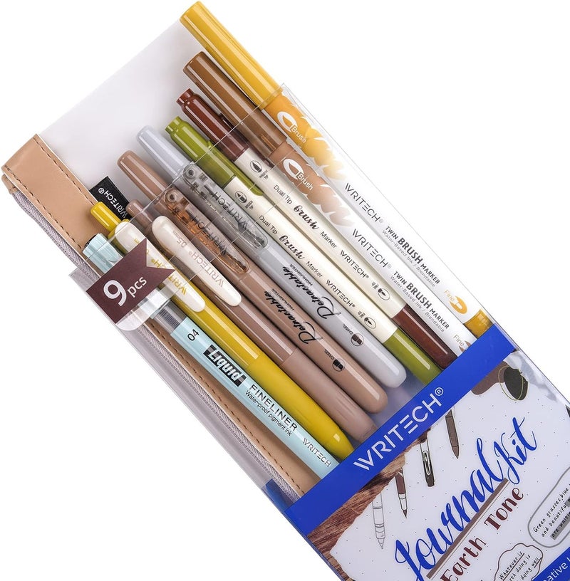 WRITECH Journaling Gel Pens Highlighters: 0.5mm Fine Point Retractable Gel Ink Pen Assorted Colored Highlighter Fineliner Multicolor Dual Tip Brush Marker Bulk Extra Smooth No Bleed 9ct (Earth Tone) - Image 1