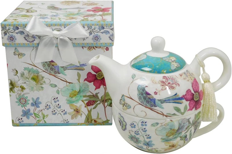Lightahead Bone China Tea for One Set in Blue Bird Design, in attractive Reusable Handmade Gift Box (With Ribbon), Blue - Image 1