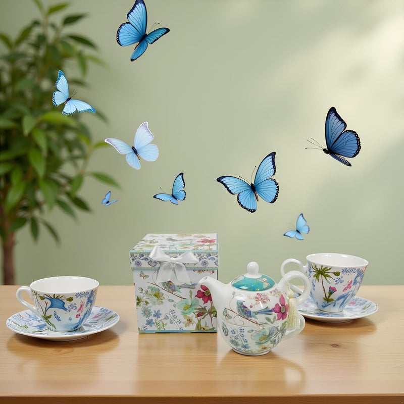 Lightahead Bone China Tea for One Set in Blue Bird Design, in attractive Reusable Handmade Gift Box (With Ribbon), Blue - Image 2