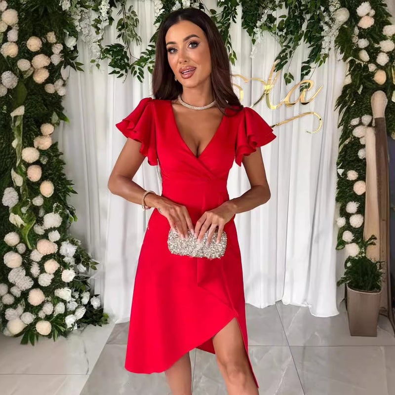 Women's V-Neck Ruffle Sleeve Ruched Bodycon Dress - Image 3
