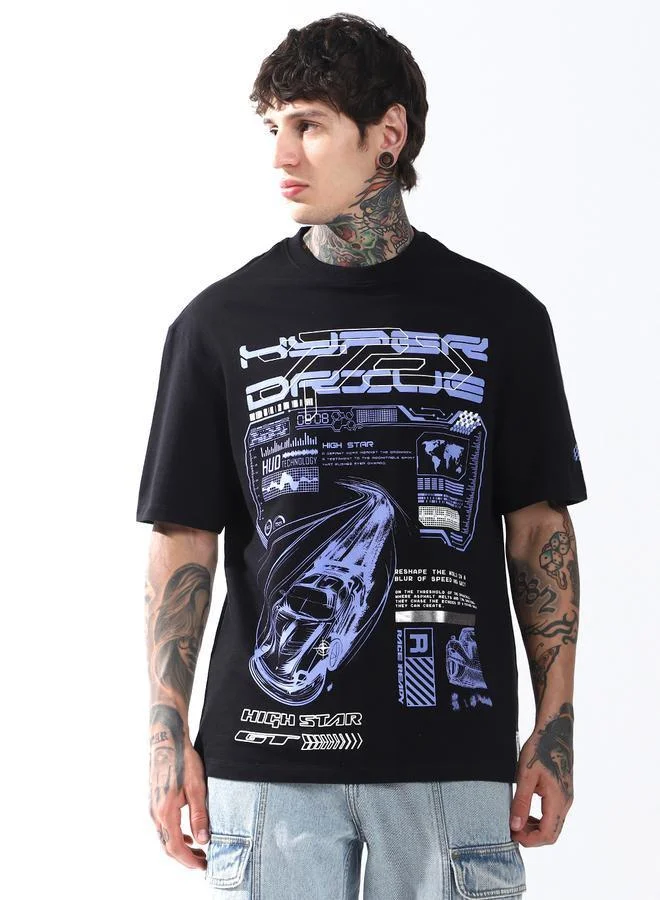 Moto Racer Graphic Printed Round Neck Short Sleeves Relaxed Fit Cotton T-shirt
