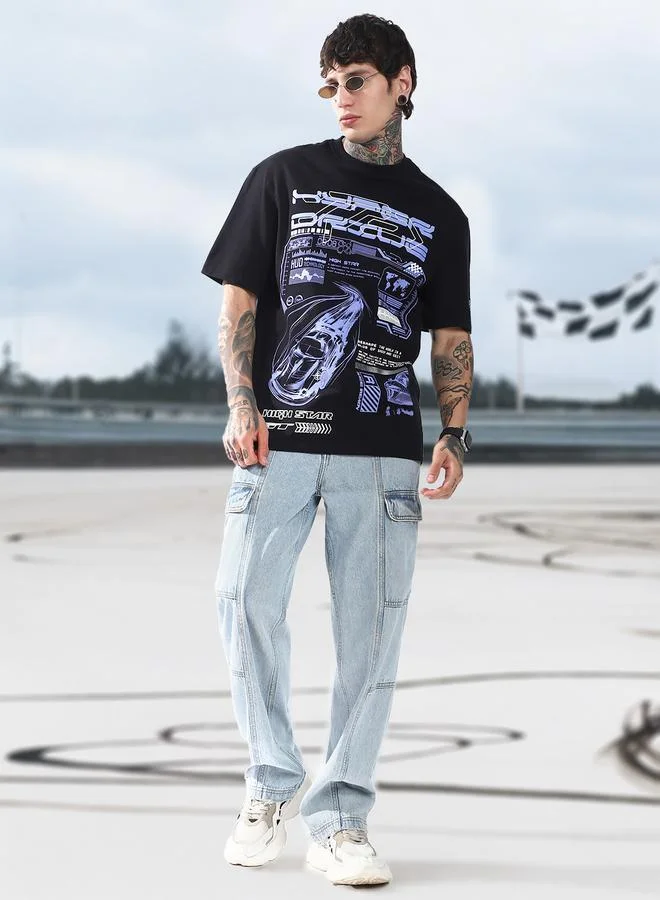 هاي ستار تي شيرت قطن مطبوع برسومات موتو ريسر بياقة دائرية وأكمام قصيرة بقصة مريحة