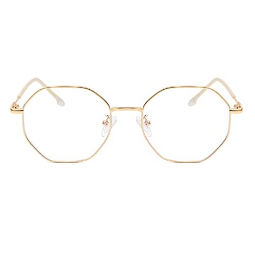 WHHJM Polygon Blue Light Blocking Glasses for Women Men Retro Octagon Square Non-prescription Metal Frame Eyeglasses (Gold) - Image 2