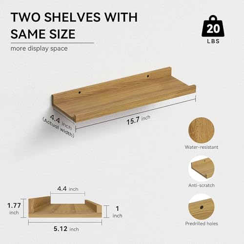 Boswillon Floating Shelves Set of 2, Modern Wall Shelves with Lip, Display Picture Ledge for Bedroom, Living Room, Bathroom, Kitchen - Oak - Image 2