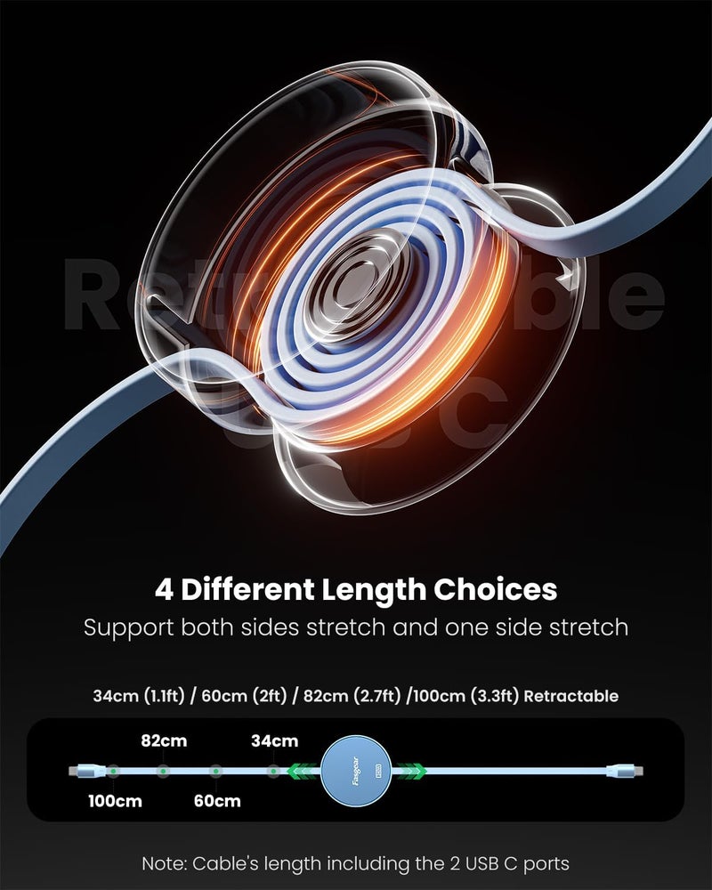 كابل Fasgear 240W USB C إلى USB C بطول 3.3 قدم قابل للسحب شحن سريع 5A سلك Type C لشاحن USB C بقدرة 100 واط [طول قابل للتمدد 4 مرات] متوافق مع آيفون 15 برو ماكس، لينوفو Y7000P، سيرفس برو 9 (أزرق) - Image 3