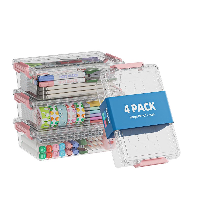 BiuLeon 4 Pack Extra Large Pencil Box Plastic Pencil Case Organizer Clear Crayon Box Marker Organizer Stackable Craft Organizers and Storage for Pen Craft Art SupplyPink - Image 2
