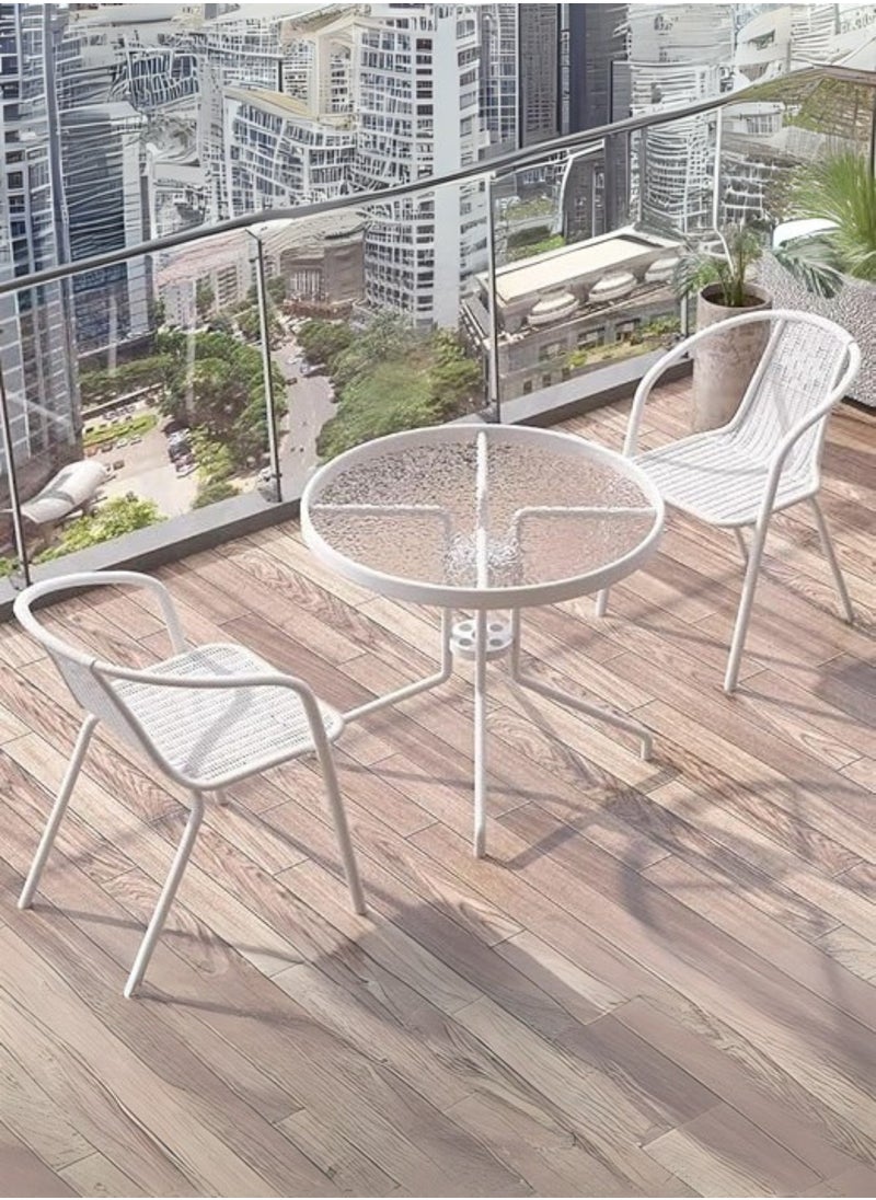 KUSTOMDECO Kustom Deco 3-Piece Outdoor Bistro Set, Glass Top Round Table with 2 Black Mesh Chairs, Patio Furniture for Balcony White  - Image 1