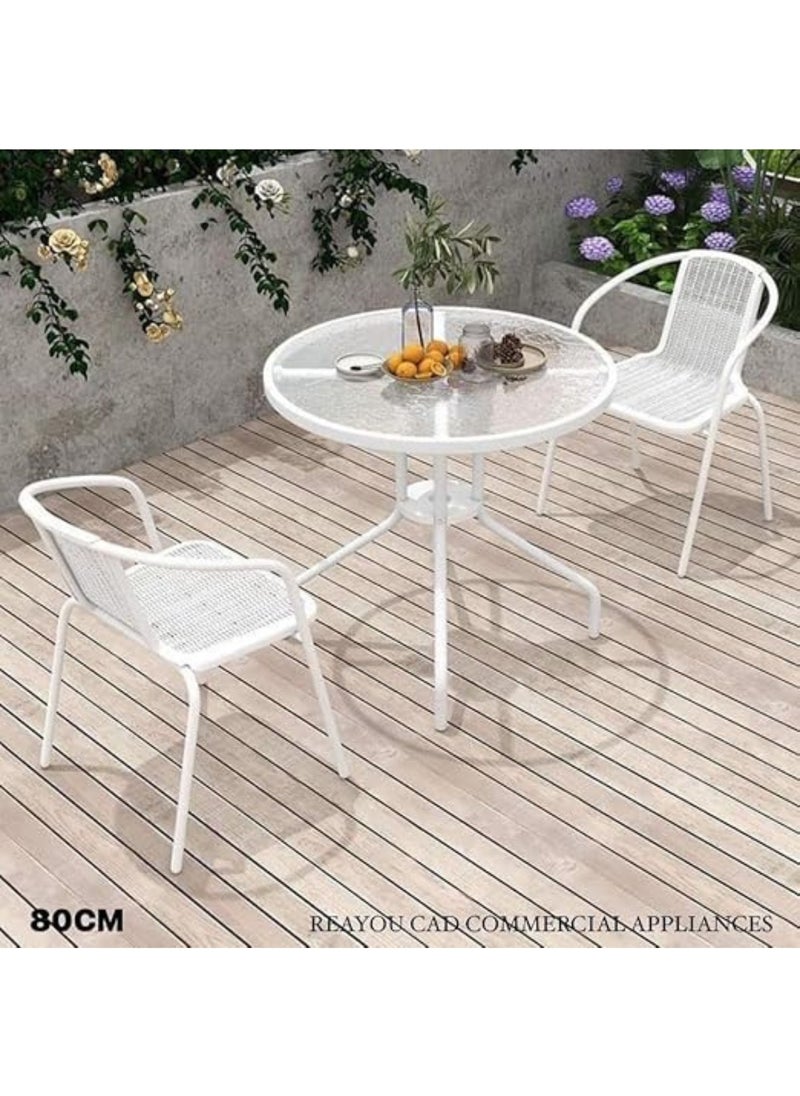KUSTOMDECO Kustom Deco 3-Piece Outdoor Bistro Set, Glass Top Round Table with 2 Black Mesh Chairs, Patio Furniture for Balcony White  - Image 3