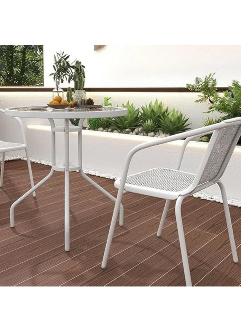 KUSTOMDECO Kustom Deco 3-Piece Outdoor Bistro Set, Glass Top Round Table with 2 Black Mesh Chairs, Patio Furniture for Balcony White  - Image 4